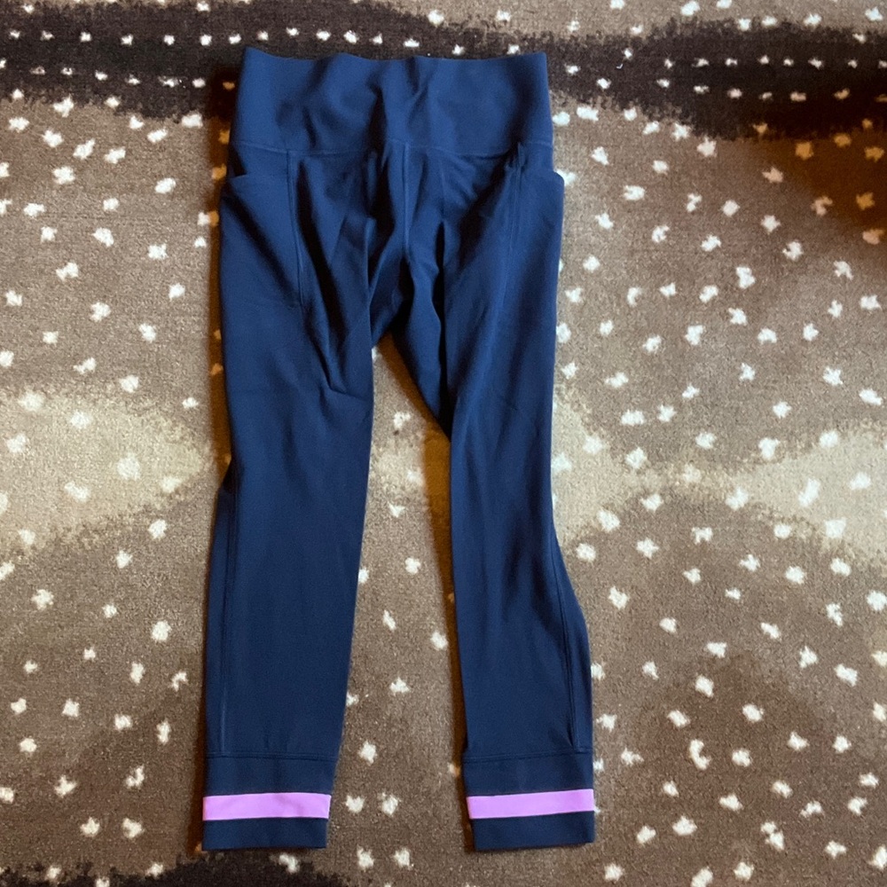 Women Navy Athletic Leggings with Pink Stripe